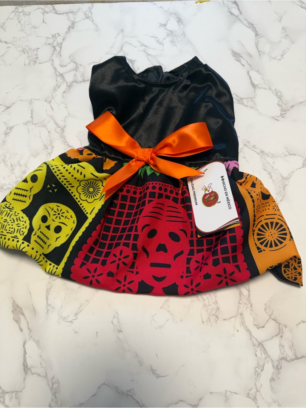 Pet Warrior Dog/Cat Day of the Dead Costume Dress with Orange Bow